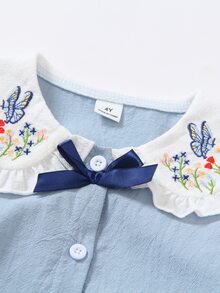 SHEIN 女童 2 件套丹寧風上衣 棕色彼得潘領燈籠長袖襯衫 寬腿褲 極簡風 嬰兒秋季 7 歲生日禮物 - 藍色 - 查看 6