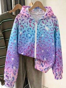 SHEIN Girl Gradient Cheetah Print Loose Sweatshirt Jacket Zipper Sweatshirt Sweatshirt Toddler School 7th Birthday Matching Mommy Daughter Outdoors Blue Fall - Multicolor - View 7