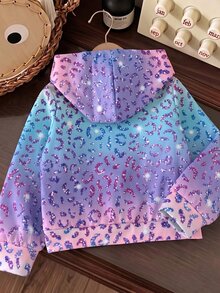 SHEIN Girl Gradient Cheetah Print Loose Sweatshirt Jacket Zipper Sweatshirt Sweatshirt Toddler School 7th Birthday Matching Mommy Daughter Outdoors Blue Fall - Multicolor - View 3