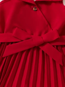 SHEIN 女小童百褶下擺繫腰帶連衣裙 - 酒紅色 - 查看 6