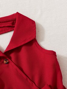 SHEIN 女小童百褶下擺繫腰帶連衣裙 - 酒紅色 - 查看 5