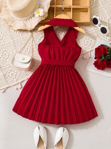 SHEIN 女小童百褶下擺繫腰帶連衣裙 - 酒紅色 - 查看 2