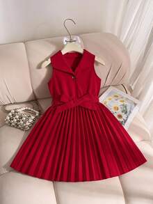 SHEIN 女小童百褶下擺繫腰帶連衣裙 - 酒紅色 - 查看 1