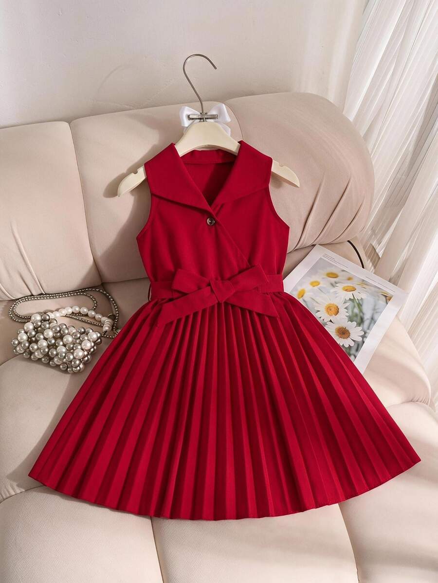 SHEIN 女小童百褶下擺繫腰帶連衣裙 - 酒紅色 - 查看 1