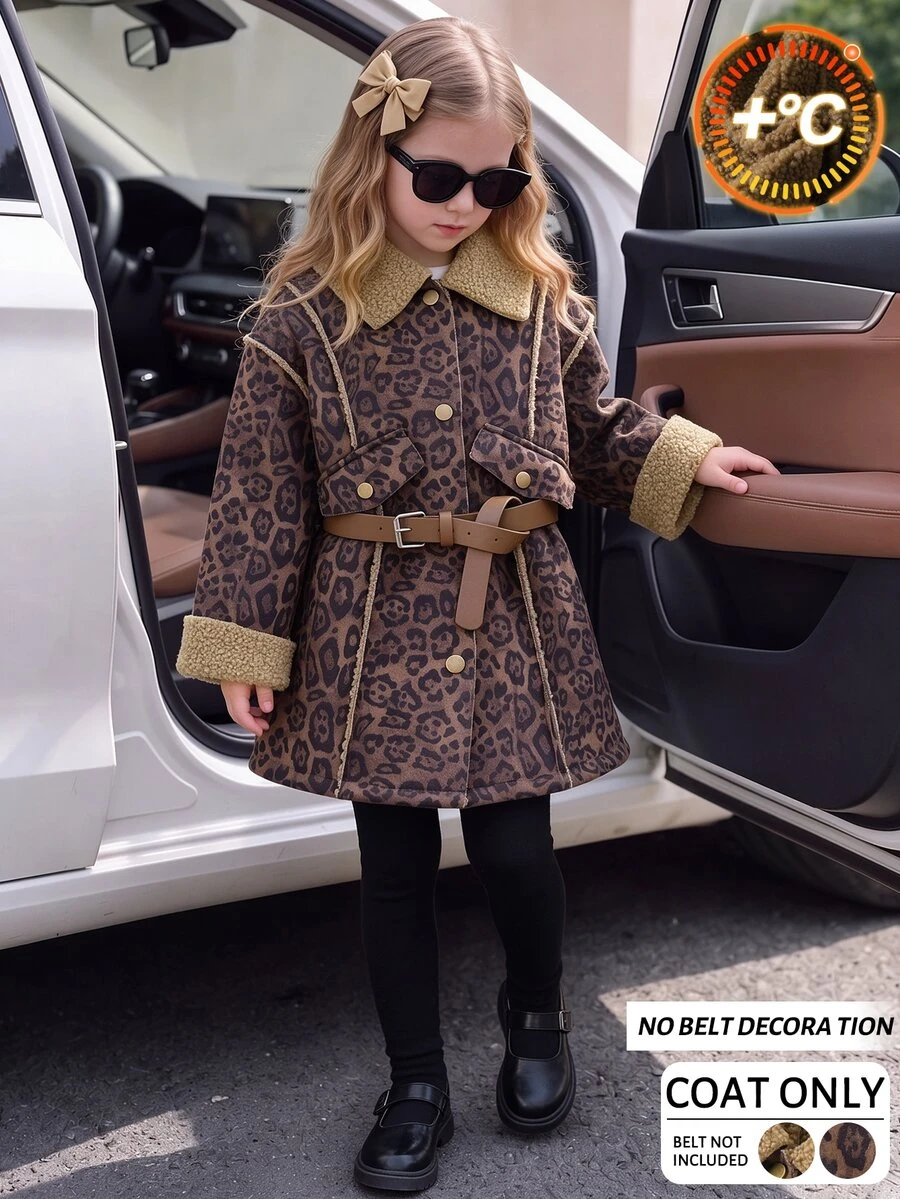 SHEIN Girls' Fall/ Leopard Print Overcoat With Faux Lamb Fur Patchwork Lapel, Stylish Mid-Length Children's Overcoat - Brown - View 1