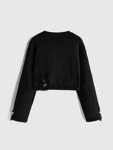 ROMWE Dark Gothic Skull Embroidery Distressed Design Short Pullover Sweater - Black - View 8