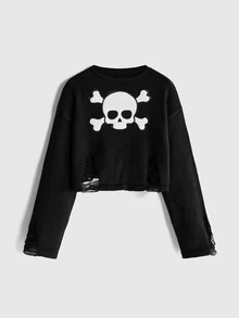 ROMWE Dark Gothic Skull Embroidery Distressed Design Short Pullover Sweater - Black - View 7