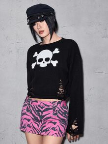 ROMWE Dark Gothic Skull Embroidery Distressed Design Short Pullover Sweater - Black - View 3