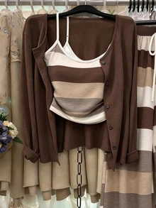 Linhara 3pcs Women's Fashion Casual Solid Color Knit Cardigan Pants Tank Top Three Pieces OutfitsElegant Casual Commute Daily Wear Set Fall - Multicolor - View 3