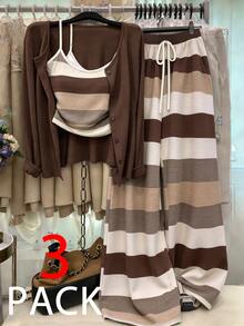 Linhara 3pcs Women's Fashion Casual Solid Color Knit Cardigan Pants Tank Top Three Pieces OutfitsElegant Casual Commute Daily Wear Set Fall - Multicolor - View 1