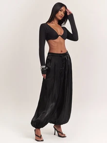 SHEIN BAE Celana Panjang Wanita Model Lentera Warna Polos - Hitam - View 6