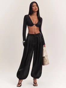SHEIN BAE Celana Panjang Wanita Model Lentera Warna Polos - Hitam - View 3