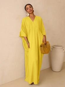 Vesra Women's Solid Color Batwing Sleeve Casual Dress - Yellow - View 6