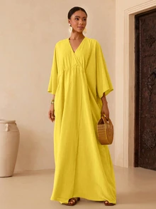 Vesra Women's Solid Color Batwing Sleeve Casual Dress - Yellow - View 7