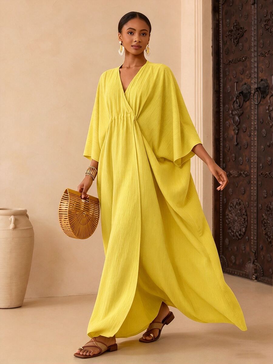Vesra Women's Solid Color Batwing Sleeve Casual Dress - Yellow - View 1
