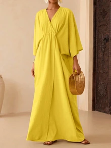 Vesra Women's Solid Color Batwing Sleeve Casual Dress - Yellow - View 5