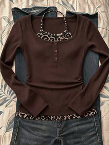 SHEIN Tween Girls Autumn Brown Colorblock Leopard Print Camisole 2 In 1 Y2K Holiday Casual Daily Streetwear Festival - Coffee Brown - View 2