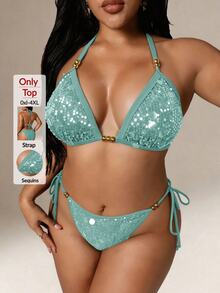 Auralis Plus Size Women Summer Beach Solid Color Sequin Halter Tie Sexy Fashion Bikini Two-Piece Swimwear Set Outfits Vacation Rusty Dusty Powder Blue - Blue - View 3