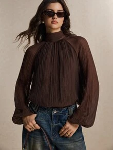 Poéselle Women's Solid Color Stand Collar Raglan Long Sleeve Elegant Blouse - Burgundy - View 5