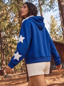 Exploreva Women's Colorblock Letter Print Long Sleeve Zip-Up Hooded Sweatshirt - Blue - View 4