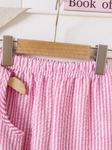 SHEIN 年轻女孩 2 件套：带蝴蝶结装饰的条纹衬衫和裤子 - 粉色 - 查看 4