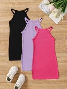 SHEIN 3件組女童素色羅紋休閒公主仙女背心洋裝 生日黑色粉色夏季款 - 彩色 - 查看 3