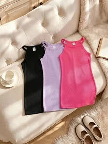 SHEIN 3件組女童素色羅紋休閒公主仙女背心洋裝 生日黑色粉色夏季款 - 彩色 - 查看 2