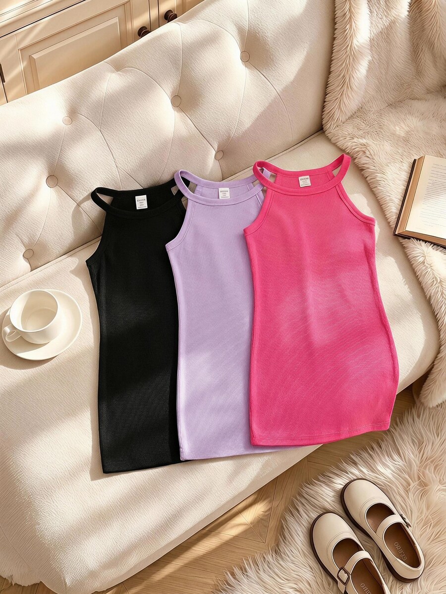 SHEIN 3件組女童素色羅紋休閒公主仙女背心洋裝 生日黑色粉色夏季款