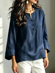 SHEIN LUNE ملابس علوية نسائية بلون موحد كاجوال متعددة الاستخدامات للارتداء اليومي - الأزرق - مشاهدة 3