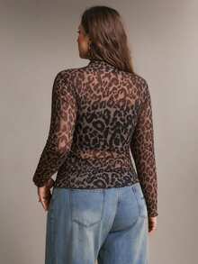 SHEIN VCAY Vintage Leopard Print Plus Size Women's Fitted Long Sleeve Mesh Top - Multicolor - View 2