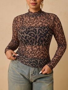 SHEIN VCAY Vintage Leopard Print Plus Size Women's Fitted Long Sleeve Mesh Top - Multicolor - View 1