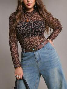 SHEIN VCAY Vintage Leopard Print Plus Size Women's Fitted Long Sleeve Mesh Top - Multicolor - View 5