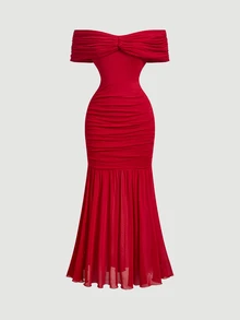 SHEIN MOD Women's Knitted Mermaid Bow Off-Shoulder Mesh Midi Dress For Birthday Party - Red - View 7