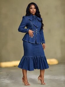 BriallanyX BriallanyX 1 buah Jaket Denim Lengan Panjang Wanita dengan Pinggang yang Dikencangkan - Biru - View 6