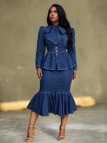 BriallanyX BriallanyX 1 buah Jaket Denim Lengan Panjang Wanita dengan Pinggang yang Dikencangkan - Biru - View 7