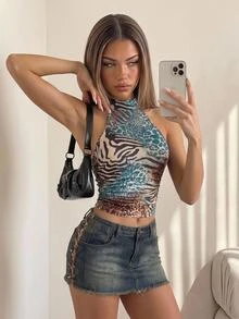 SHEIN ICON Women's Sexy Leopard Print Halter Neck Fitted Tank Top - Multicolor - View 1