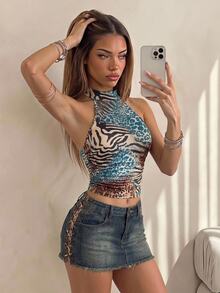 SHEIN ICON Women's Sexy Leopard Print Halter Neck Fitted Tank Top - Multicolor - View 9