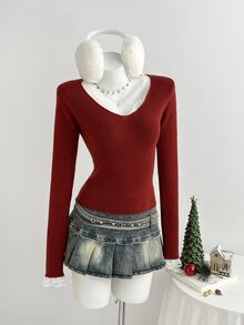 Elamini Women's Autumn/Winter Lazy Fashion Versatile Vintage Lace Button Sweater For Daily Commute And Party - Burgundy - View 1