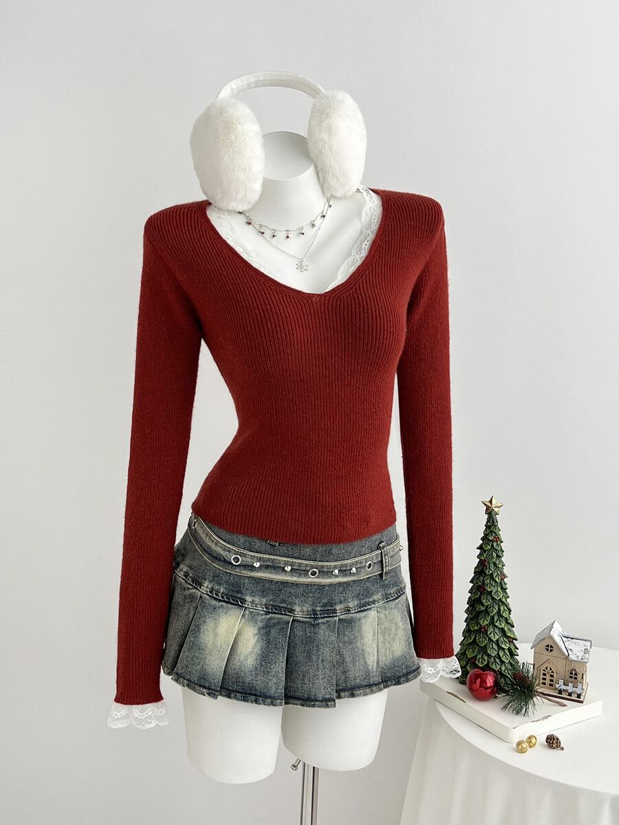 Elamini Women's Autumn/Winter Lazy Fashion Versatile Vintage Lace Button Sweater For Daily Commute And Party - Burgundy - View 1