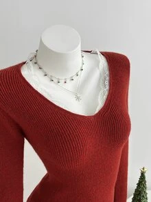 Elamini Women's Autumn/Winter Lazy Fashion Versatile Vintage Lace Button Sweater For Daily Commute And Party - Burgundy - View 7
