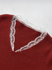 Elamini Women's Autumn/Winter Lazy Fashion Versatile Vintage Lace Button Sweater For Daily Commute And Party - Burgundy - View 6