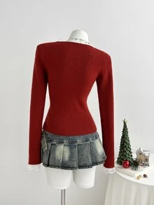 Elamini Women's Autumn/Winter Lazy Fashion Versatile Vintage Lace Button Sweater For Daily Commute And Party - Burgundy - View 2