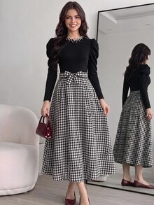 SHEIN 青少年女孩黑色千鳥格珍珠綴領長袖泡泡袖拼接A字裙秋季聖誕洋裝 - 黑色 - 查看 3