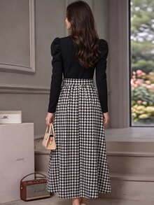 SHEIN 青少年女孩黑色千鳥格珍珠綴領長袖泡泡袖拼接A字裙秋季聖誕洋裝 - 黑色 - 查看 2