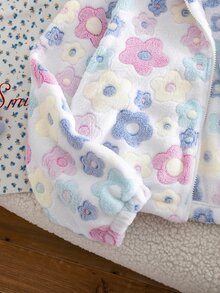 SHEIN 1件女款甜美風休閒外套，校園休閒穿搭，秋冬3D貓咪刺繡連帽寬鬆抓絨夾克 - 白色 - 查看 6
