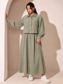 Veilorie Plus Size Women Solid Color Long Sleeve Top And Skirt Casual Daily 2 Pieces Set - Green - View 3