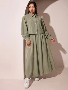 Veilorie Plus Size Women Solid Color Long Sleeve Top And Skirt Casual Daily 2 Pieces Set - Green - View 7