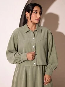 Veilorie Plus Size Women Solid Color Long Sleeve Top And Skirt Casual Daily 2 Pieces Set - Green - View 1