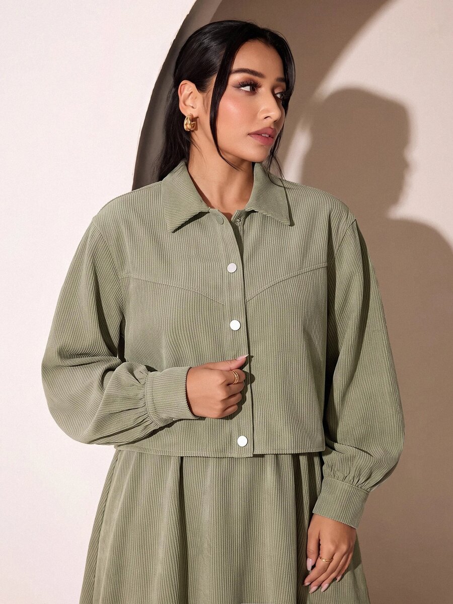 Veilorie Plus Size Women Solid Color Long Sleeve Top And Skirt Casual Daily 2 Pieces Set - Green - View 1