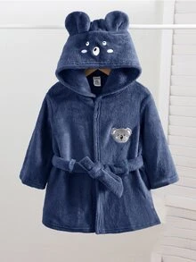 SHEIN 男婴可爱动物印花连帽长袖法兰绒浴袍，秋冬 - 藏蓝色 - 查看 4